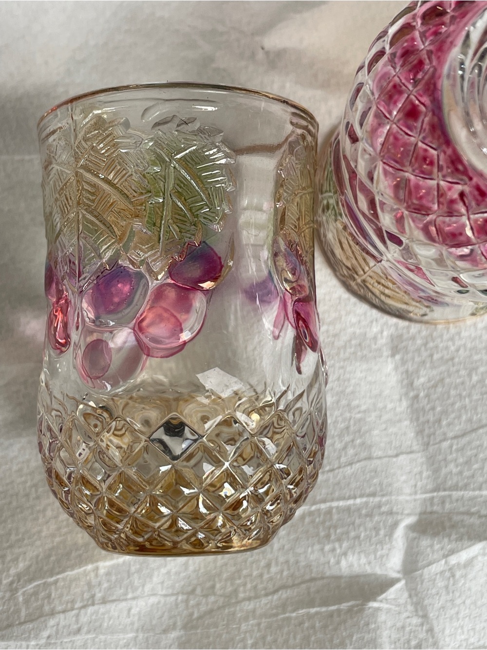 Hand-Painted Grape Motif Glass Tumbler - Pink and Green